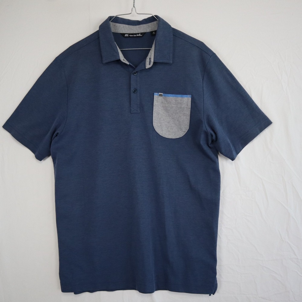 Travis Mathew Polo Shirt Mens Medium Golf Casual Pocket Dark Blue Short Sleeve